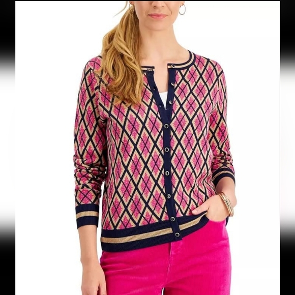 Charter Club Sweaters - 🟣 Charter Club Pink and Navy Argyle Crewneck Cardigan